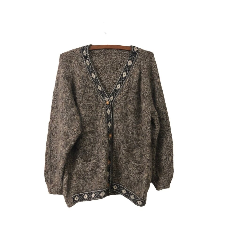 Vintage Womens Marled Brown Wool Angora Nordic Trim Wooden Button Cardigan Large